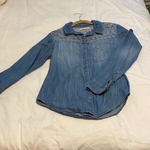 Staring at Stars Denim Blue Lace Button Down Shirt